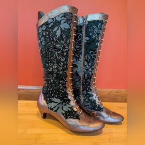 Lulu Guinness Floral Lace-Up Boots in Blue Velvet and Bronze Leather